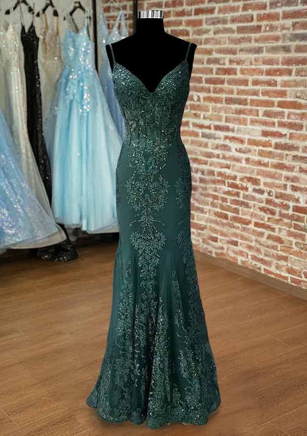 Stunning Tulle Prom Dress/Evening Dress With Appliqued Beading - Trumpet/Mermaid V-Neck Spaghetti Straps Long/Floor-Length