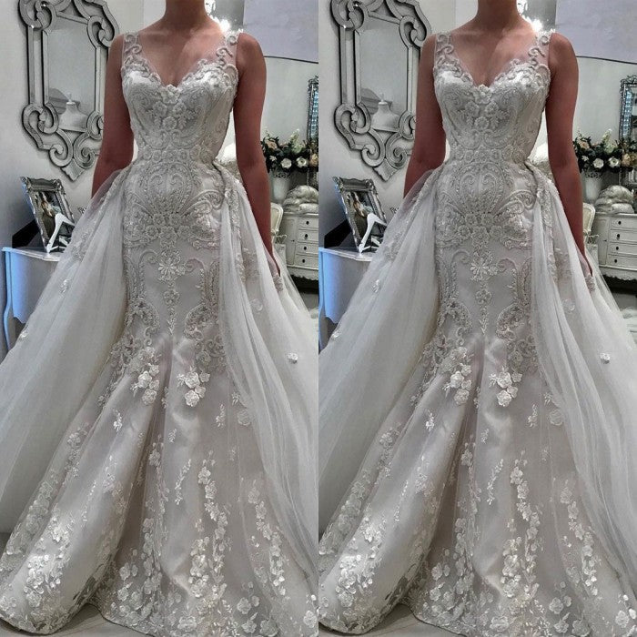 Stunning V Neck Sleeveless Ruffless Lace Appliques Wedding Bridal Gowns