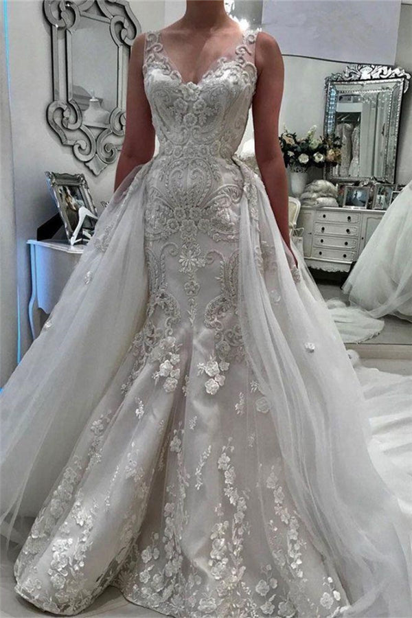 Stunning V Neck Sleeveless Ruffless Lace Appliques Wedding Bridal Gowns