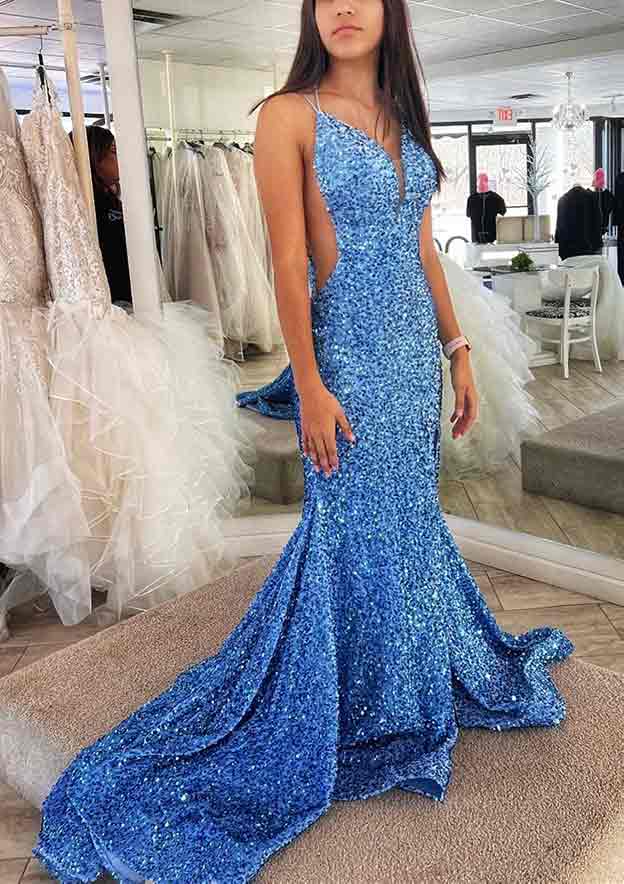 Stunning Velvet Sequins Prom Dress/Evening Dress - Trumpet/Mermaid V-Neck Sleeveless Court Train With Split