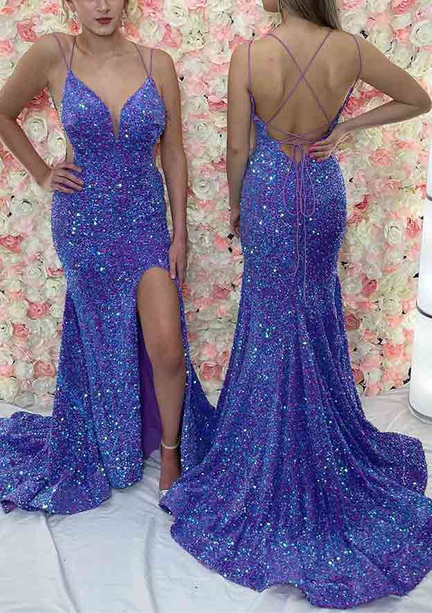 Stunning Velvet Sequins Prom Dress/Evening Dress - Trumpet/Mermaid V-Neck Sleeveless Court Train With Split