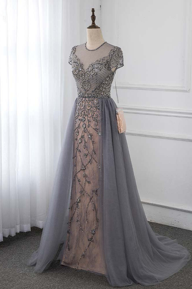 Stylish Jewel Appliques Short Sleeves Prom Dresses with Rhinestone