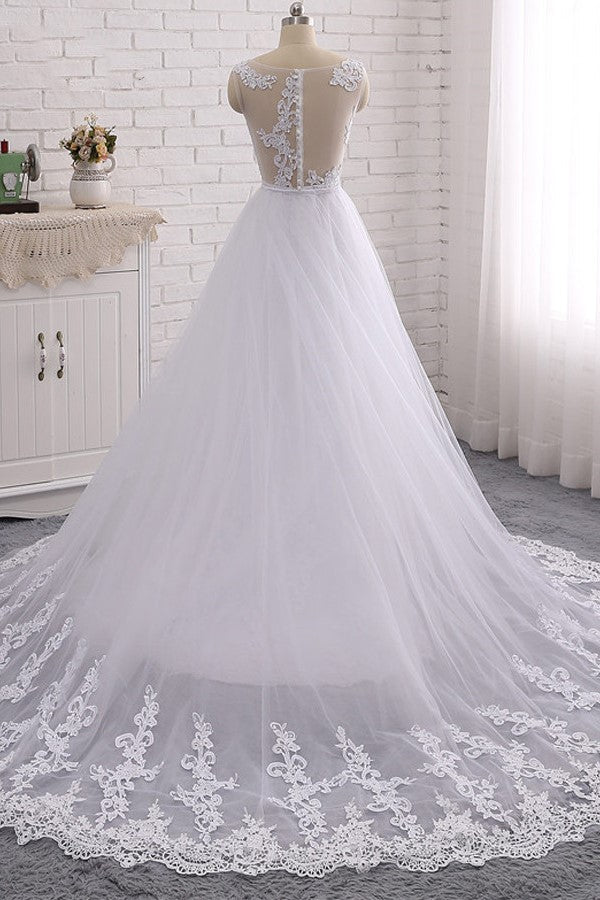 Stylish Jewel Mermaid Lace Appliques Wedding Dress White Sleeveless Beadings Bridal Gowns with Overskirt On Sale