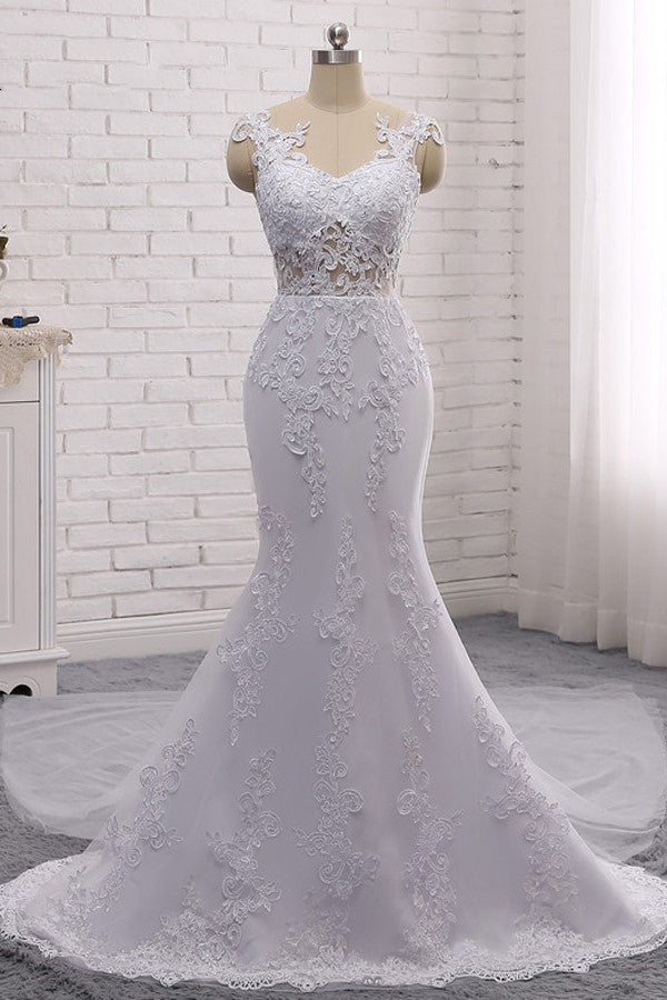 Stylish Jewel Mermaid Lace Appliques Wedding Dress White Sleeveless Beadings Bridal Gowns with Overskirt On Sale