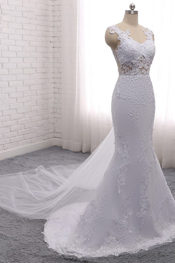 Stylish Jewel Mermaid Lace Appliques Wedding Dress White Sleeveless Beadings Bridal Gowns with Overskirt On Sale