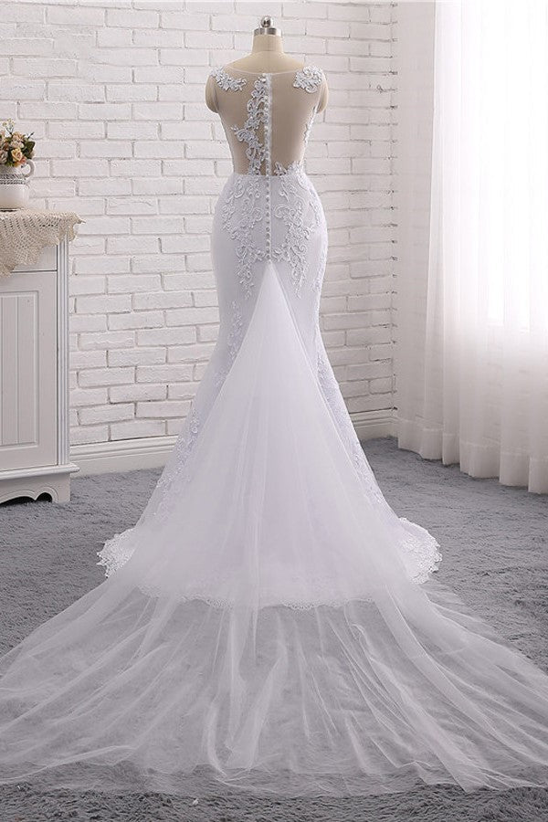 Stylish Jewel Mermaid Lace Appliques Wedding Dress White Sleeveless Beadings Bridal Gowns with Overskirt On Sale