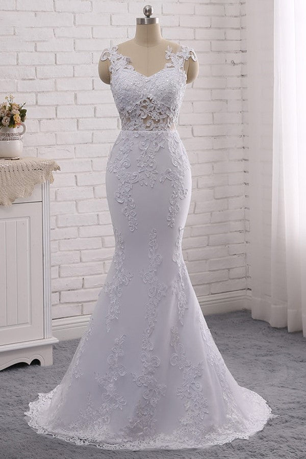 Stylish Jewel Mermaid Lace Appliques Wedding Dress White Sleeveless Beadings Bridal Gowns with Overskirt On Sale