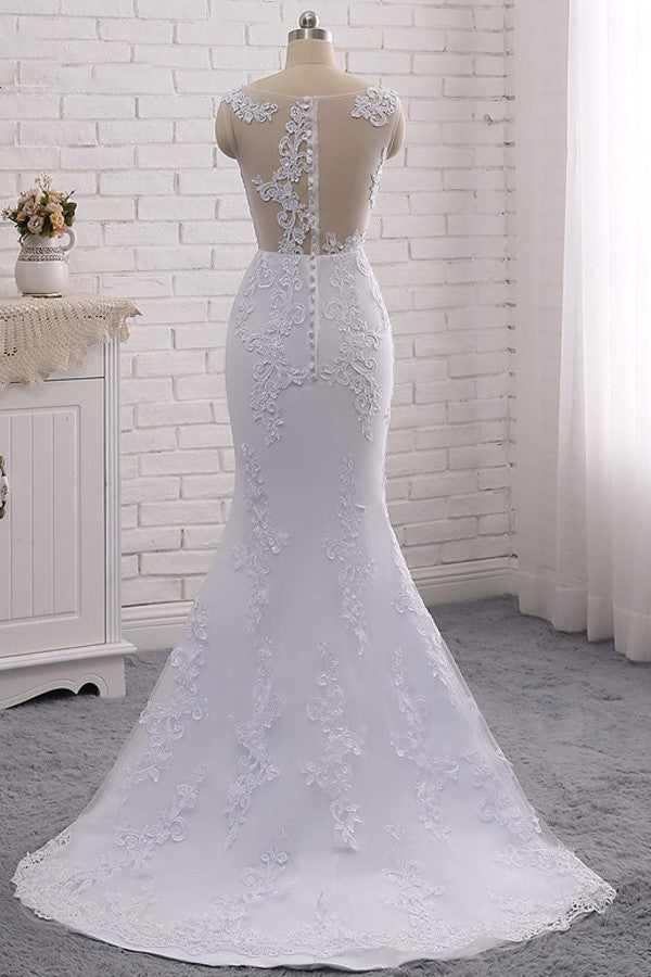 Stylish Jewel Mermaid Lace Appliques Wedding Dress White Sleeveless Beadings Bridal Gowns with Overskirt On Sale