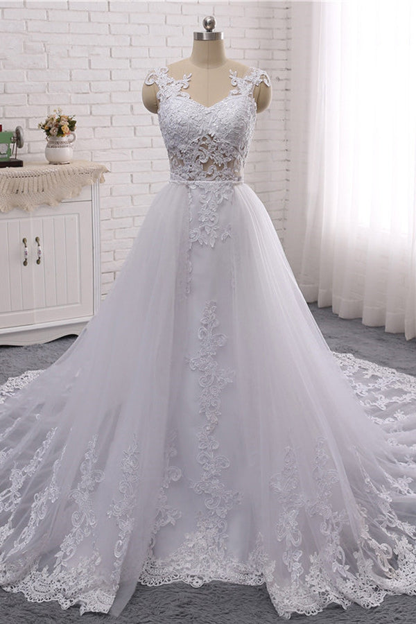 Stylish Jewel Mermaid Lace Appliques Wedding Dress White Sleeveless Beadings Bridal Gowns with Overskirt On Sale