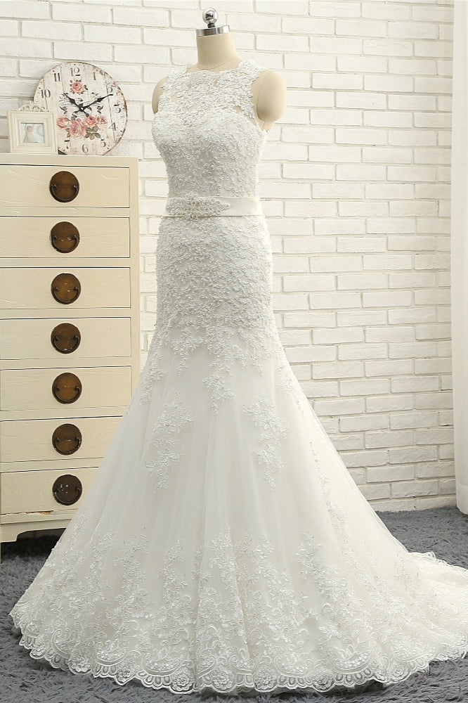 Stylish Jewel Sleeveless Mermaid Wedding Dresses White Lace Bridal Gowns With Appliques On Sale