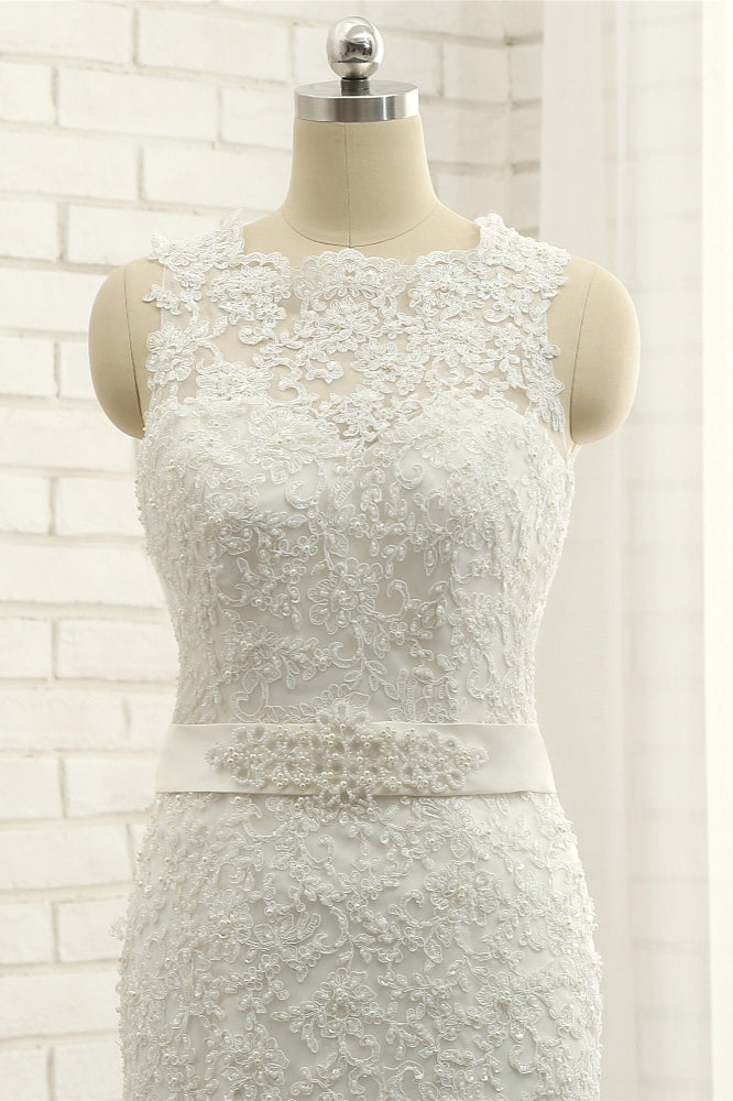 Stylish Jewel Sleeveless Mermaid Wedding Dresses White Lace Bridal Gowns With Appliques On Sale