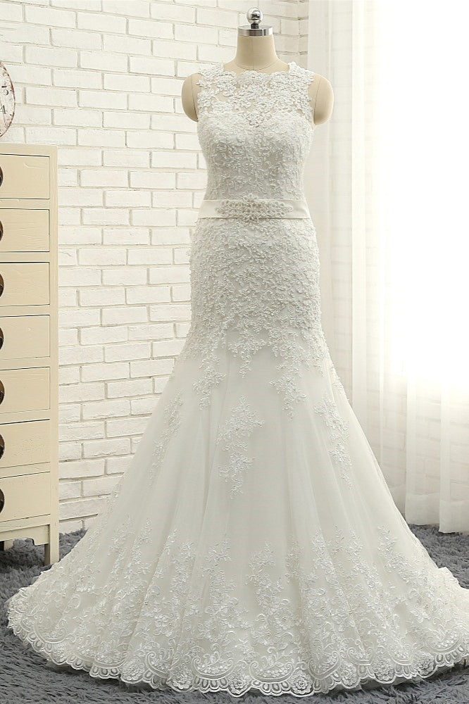 Stylish Jewel Sleeveless Mermaid Wedding Dresses White Lace Bridal Gowns With Appliques On Sale