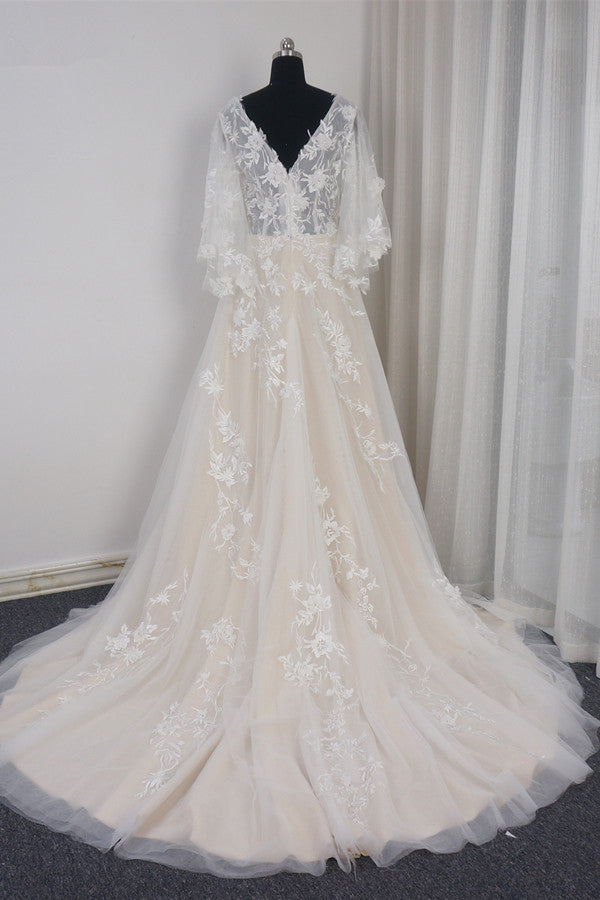 Stylish Long Sleeves V-Neck Tulle Wedding Dress A-Line Appliques Ruffles Bridal Gown