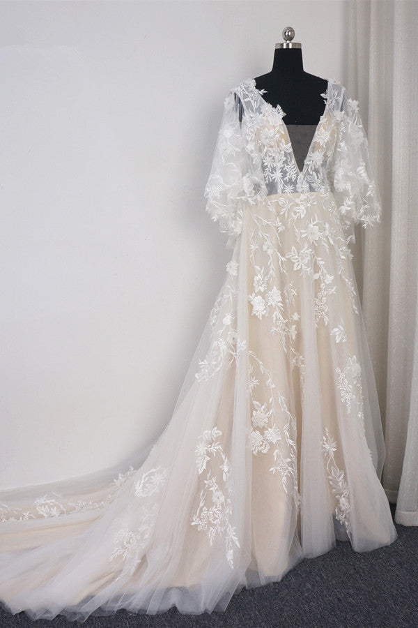 Stylish Long Sleeves V-Neck Tulle Wedding Dress A-Line Appliques Ruffles Bridal Gown