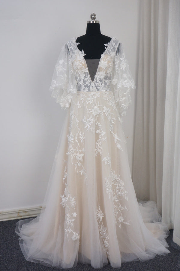 Stylish Long Sleeves V-Neck Tulle Wedding Dress A-Line Appliques Ruffles Bridal Gown