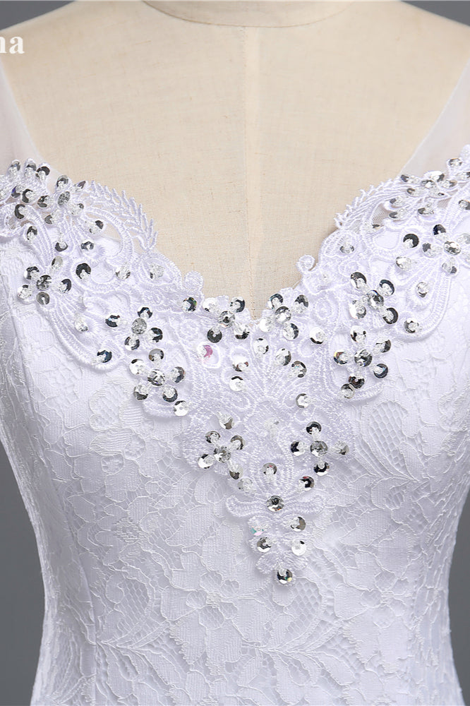 Stylish V-Neck White Lace Mermaid Wedding Dress Appliques Sleeveless Sequins Bridal Gowns