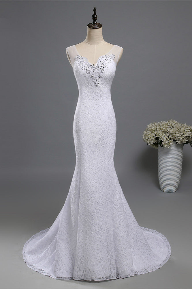 Stylish V-Neck White Lace Mermaid Wedding Dress Appliques Sleeveless Sequins Bridal Gowns