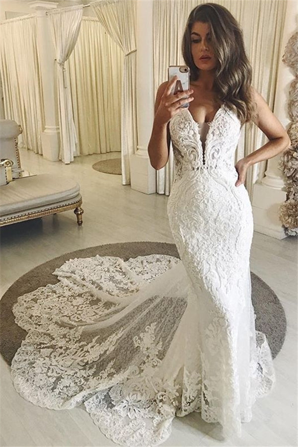 Summer V neck White Column Court Train Wedding Dress