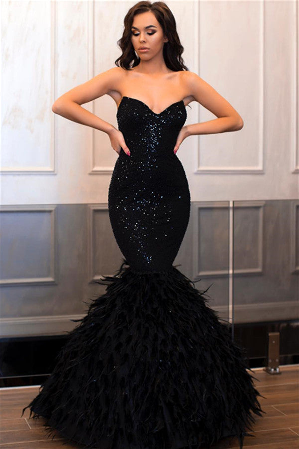 Sweetehart Sequins Black Prom Dress Mermaid With Feather