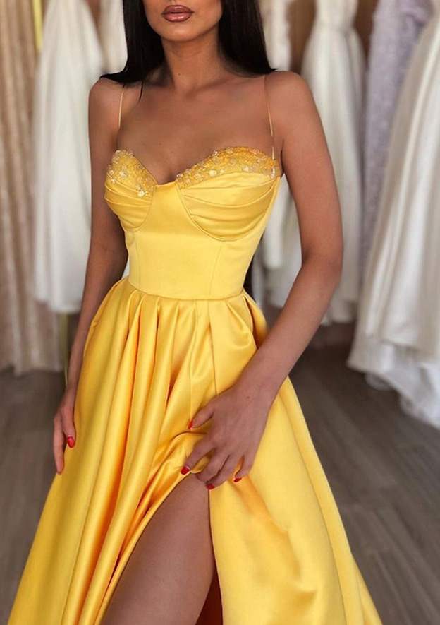 Sweetheart A-Line Spaghetti Straps Satin Prom Dress/Evening Dress With Beading Pleated Split