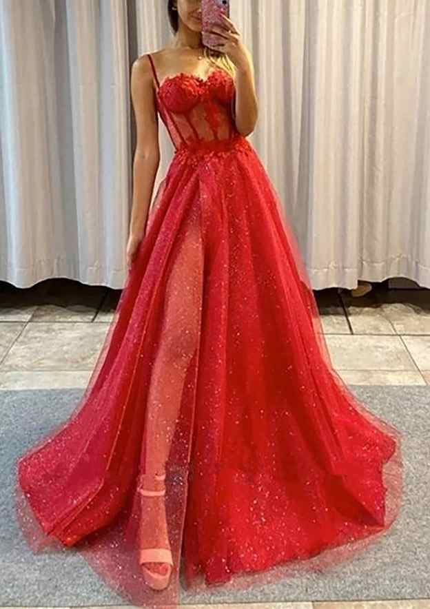 Sweetheart A-Line Straps Glitter Prom Dress/Evening Dress With Appliqued