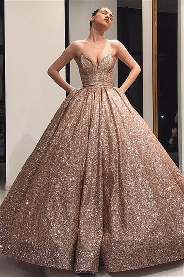 Sweetheart Ball Gown Sequins Prom Dress Long Evening Party Gowns