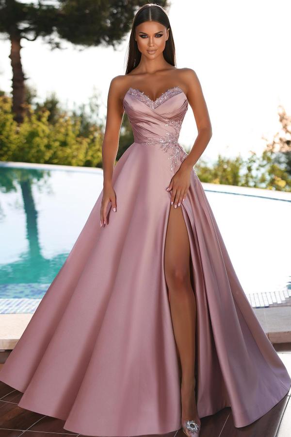 Sweetheart Dusty Pink Prom Dresses Long With Slit Lace Appliques