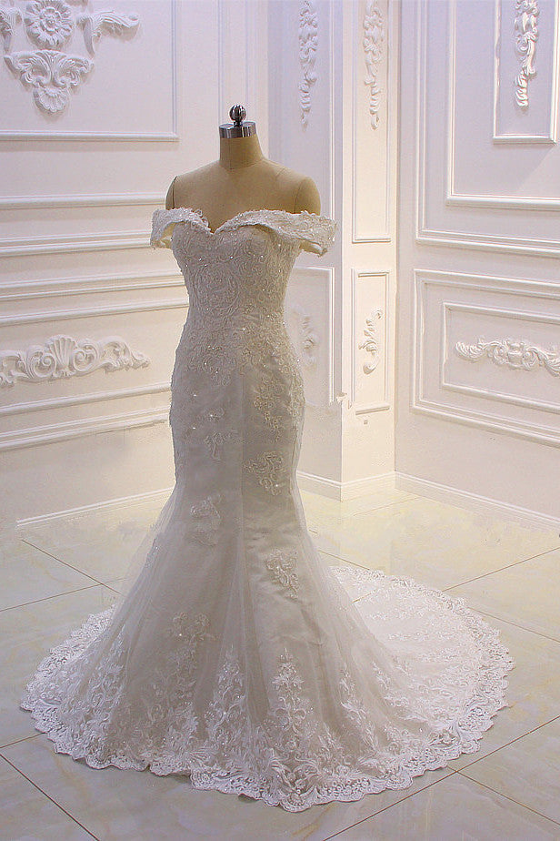 Sweetheart Lace Appliques Off the Shoulder Detachable Train Wedding Dress