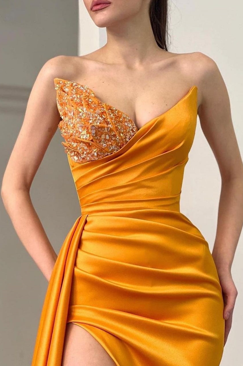 Sweetheart Orange Half-Beaded Long High Split Prom Dress with Half train