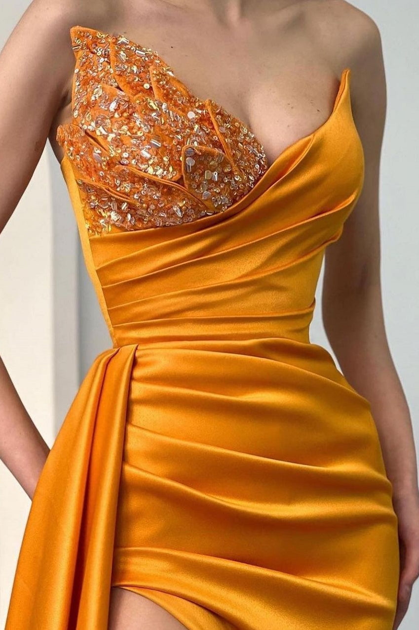 Sweetheart Orange Half-Beaded Long High Split Prom Dress with Half train