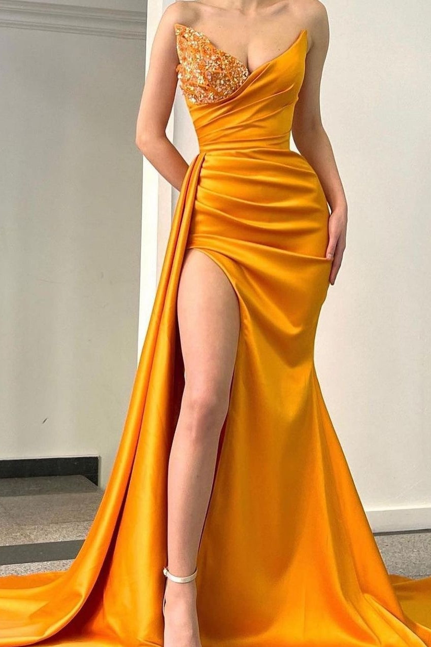 Sweetheart Orange Half-Beaded Long High Split Prom Dress with Half train