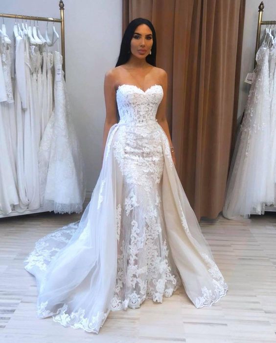 Sweetheart Overskirt Lace Wedding Dress Mermaid With Appliques