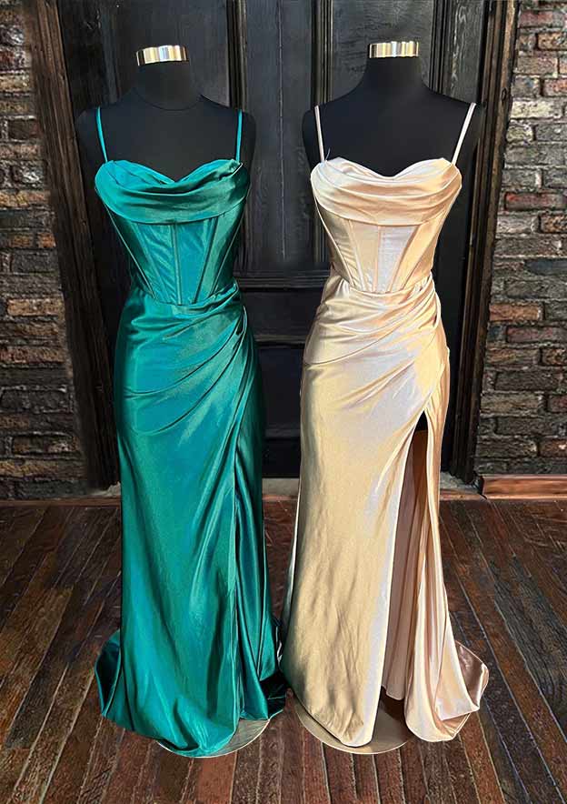 Sweetheart Sleeveless Prom Dress/Evening Dress with Split Ruffles and Silk like Satin Sweep Train Sheath/Column