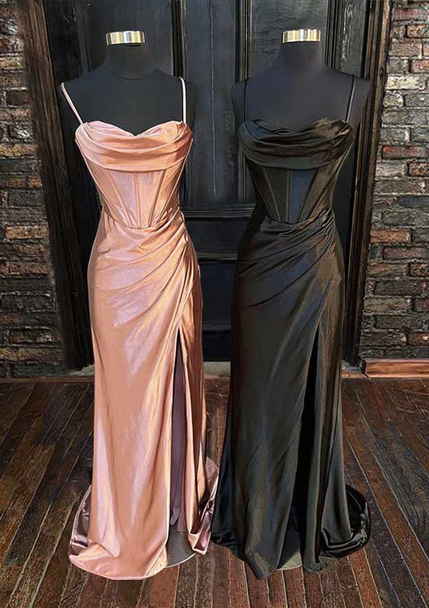 Sweetheart Sleeveless Prom Dress/Evening Dress with Split Ruffles and Silk like Satin Sweep Train Sheath/Column