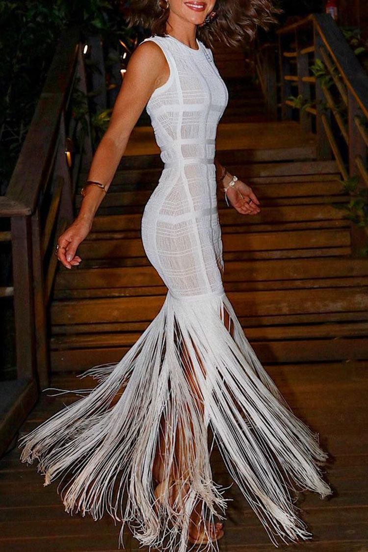 Swingy Fringe Round Neck Sheer Tulle Bandage Sleeveless Maxi Dress - White