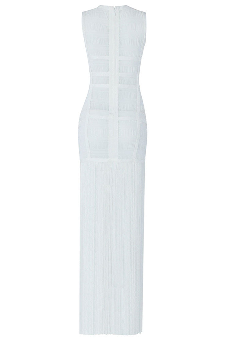 Swingy Fringe Round Neck Sheer Tulle Bandage Sleeveless Maxi Dress - White