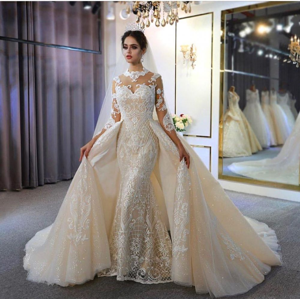 Trendy High neck Mermaid Lace Ivory Wedding Dress with Overskirt