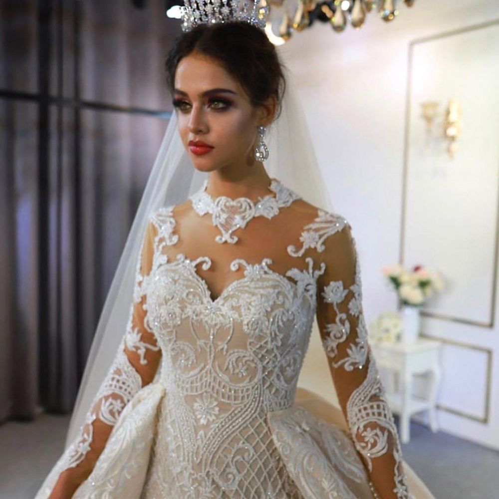 Trendy High neck Mermaid Lace Ivory Wedding Dress with Overskirt