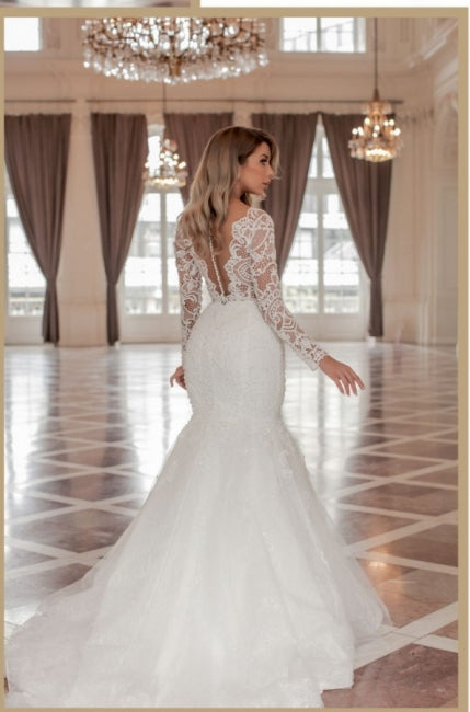 Trendy Long Sleeves V-Neck Mermaid Wedding Dresses with Chapel Train