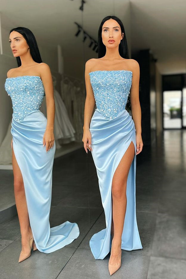 Trendy Sky blue Strapless Sequin Top High split Prom Dress