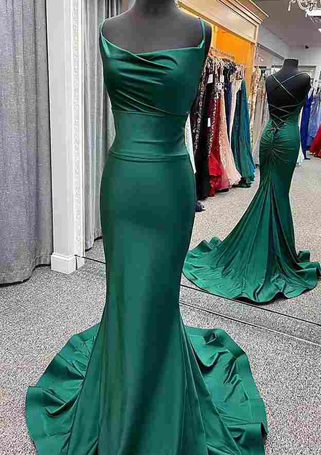 Trumpet/Mermaid Cowl Neck Spaghetti Straps Prom Dress/Evening Dress with Pleated Sweep Train Jersey