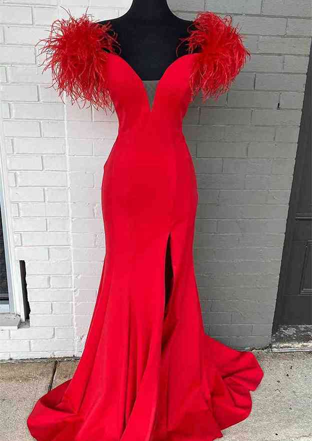 Trumpet/Mermaid Off-the-Shoulder Strapless Satin Prom Dress/Evening Dress with Feather Split