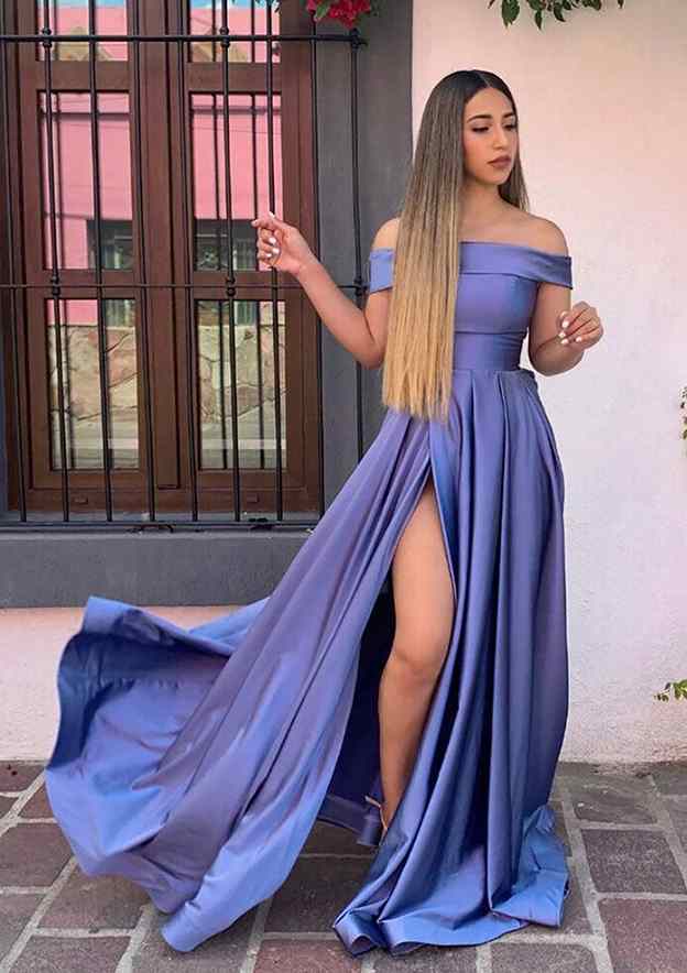 Trumpet/Mermaid Off-the-Shoulder Sweep Train Satin Prom Dress/Evening Dress With Pleated Detail