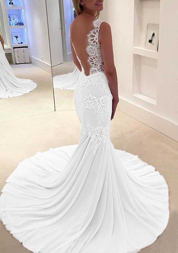 Trumpet/Mermaid Scalloped Neck Sleeveless Court Train Chiffon Prom Dress/Evening Dress