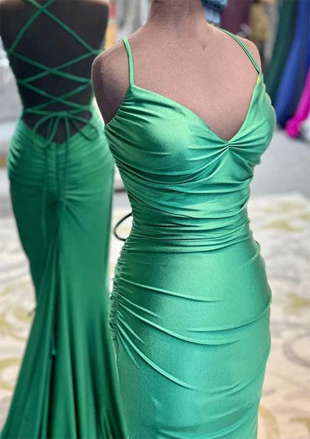 Trumpet/Mermaid V-Neck Prom Dress/Evening Dress with Pleated Sleeveless Sweep Train Jersey