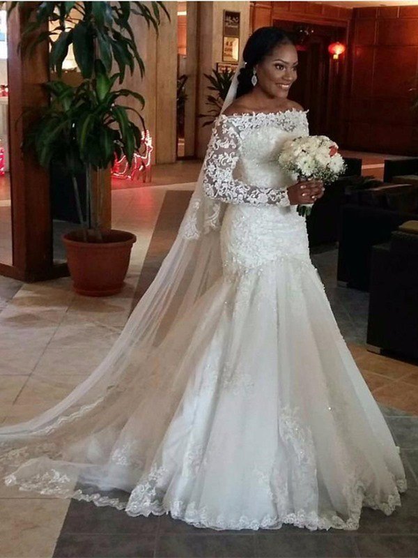 Tulle Floor Length Mermaid Off the Shoulder Long Sleevess Lace Wedding Dresses