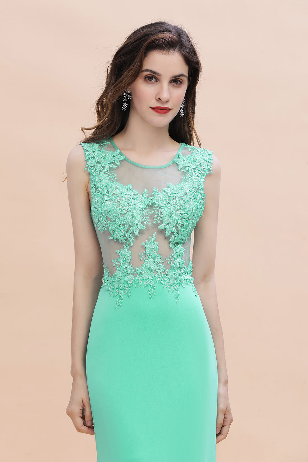 Designer Turquoise Crew neck Cap sleeve Lace appliques Curves/Mermaid Floor Length Dress