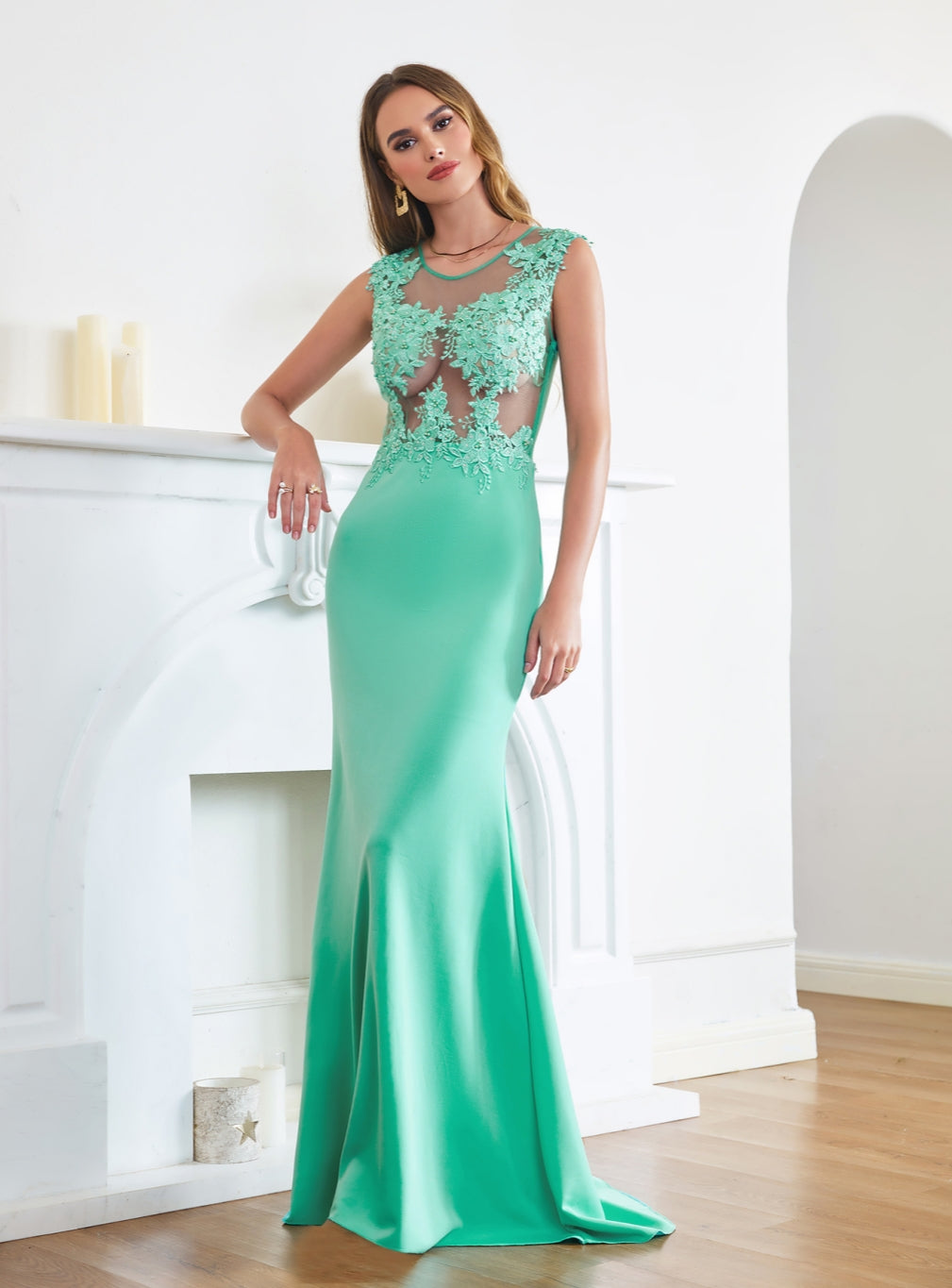 Designer Turquoise Crew neck Cap sleeve Lace appliques Curves/Mermaid Floor Length Dress