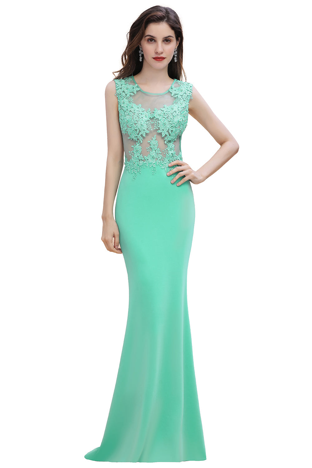 Designer Turquoise Crew neck Cap sleeve Lace appliques Curves/Mermaid Floor Length Dress