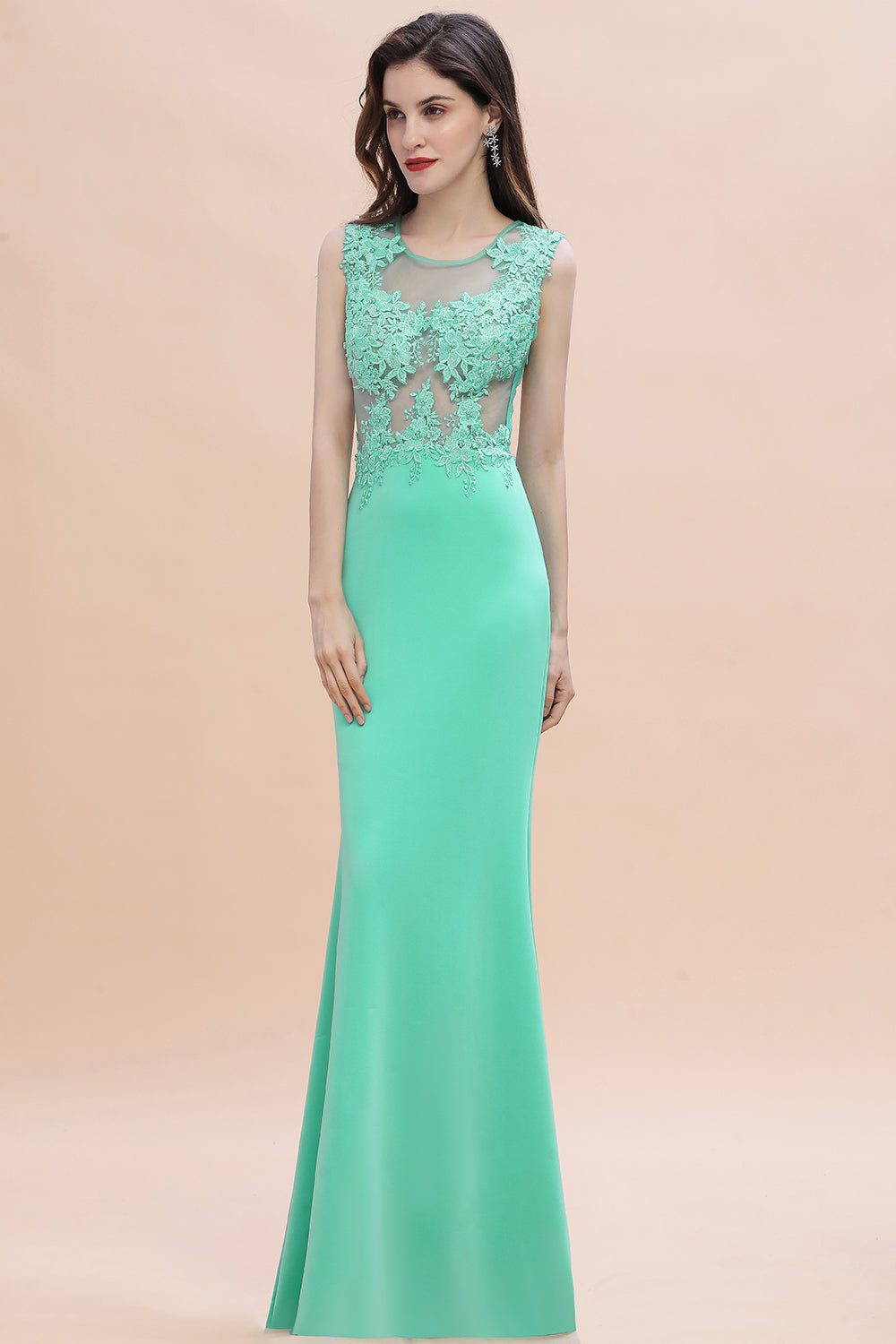 Designer Turquoise Crew neck Cap sleeve Lace appliques Curves/Mermaid Floor Length Dress